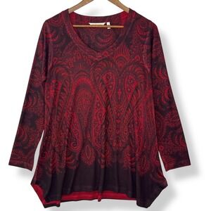 Soft Surroundings M Red Black Paisley Boho Asymmetric Hem Tunic Whimsigoth Artsy